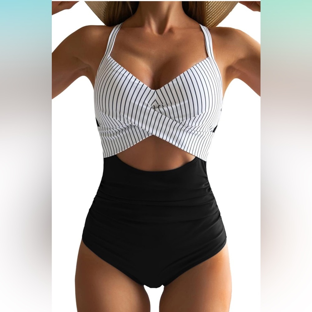 Amazon Women's Black and White Striped Twist-Front One-Piece Swimsuit